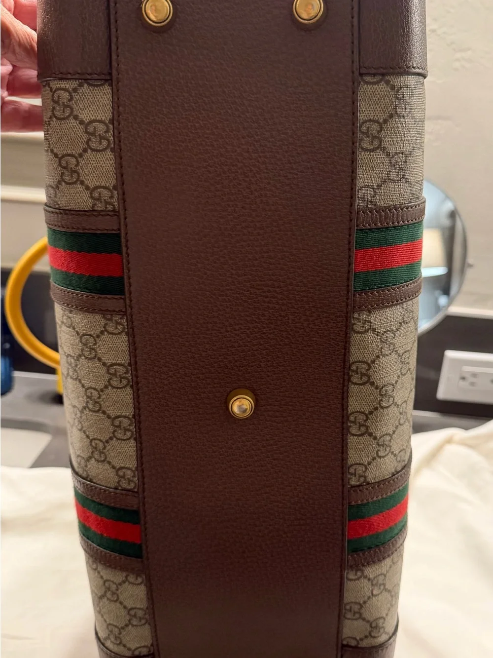 Gucci Beige GG Supreme Canvas Duffel with Brown Leather and Green-Red Web